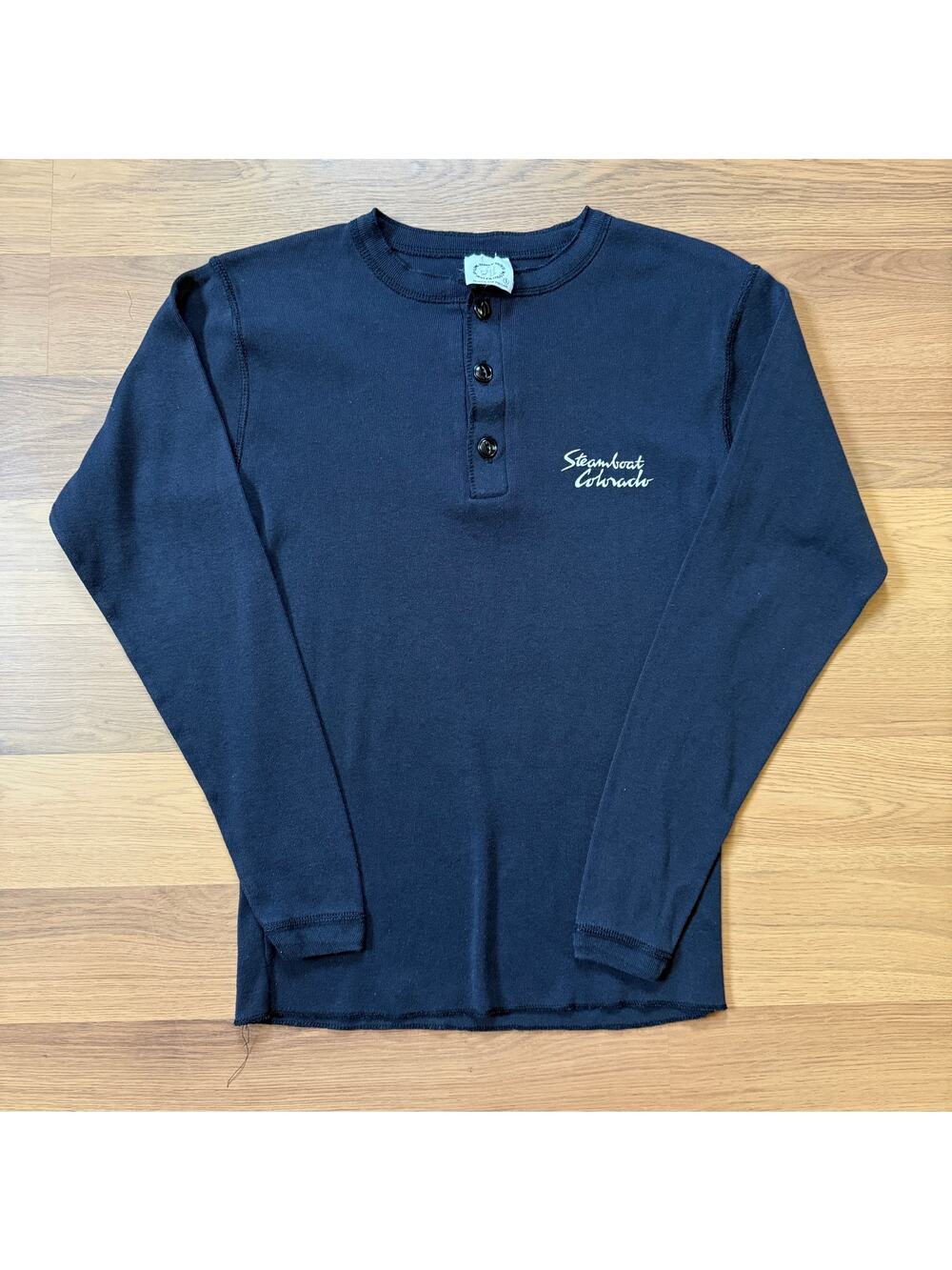 Vintage 1970's Steamboat Colorado Black Henley Pullover Long Sleeve Shirt Sz S